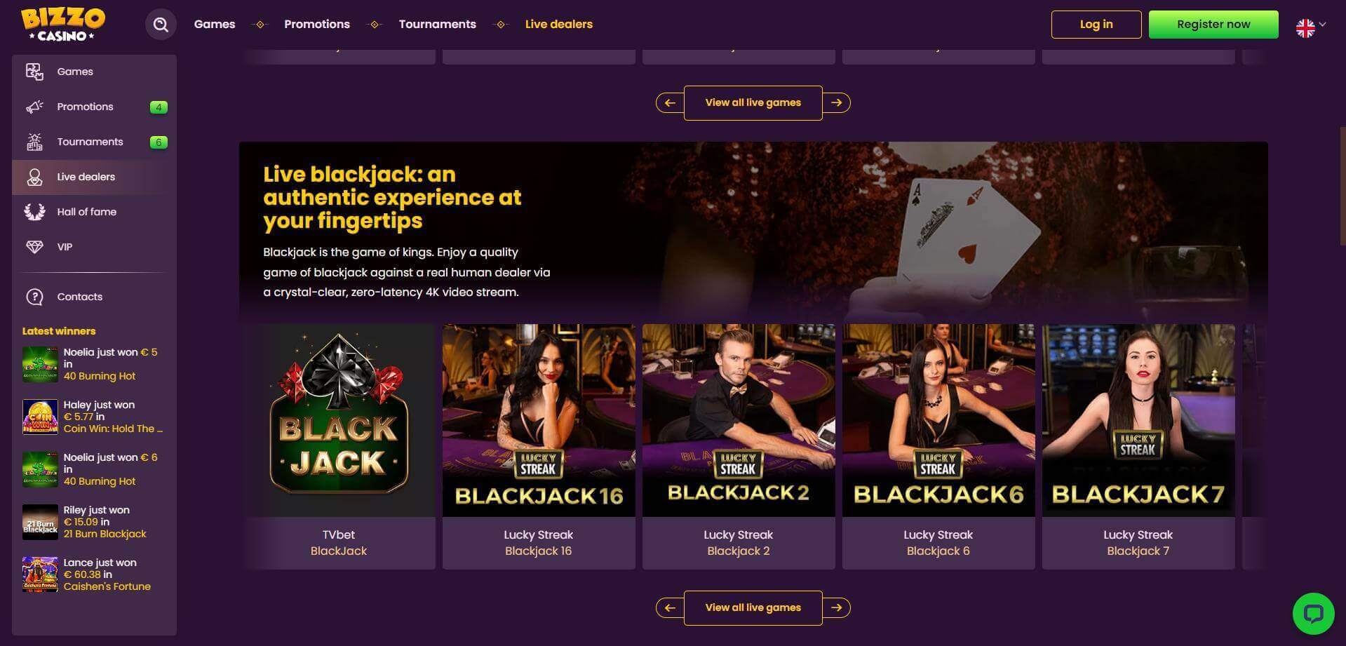 Bizzo Casino Live Dealer Games