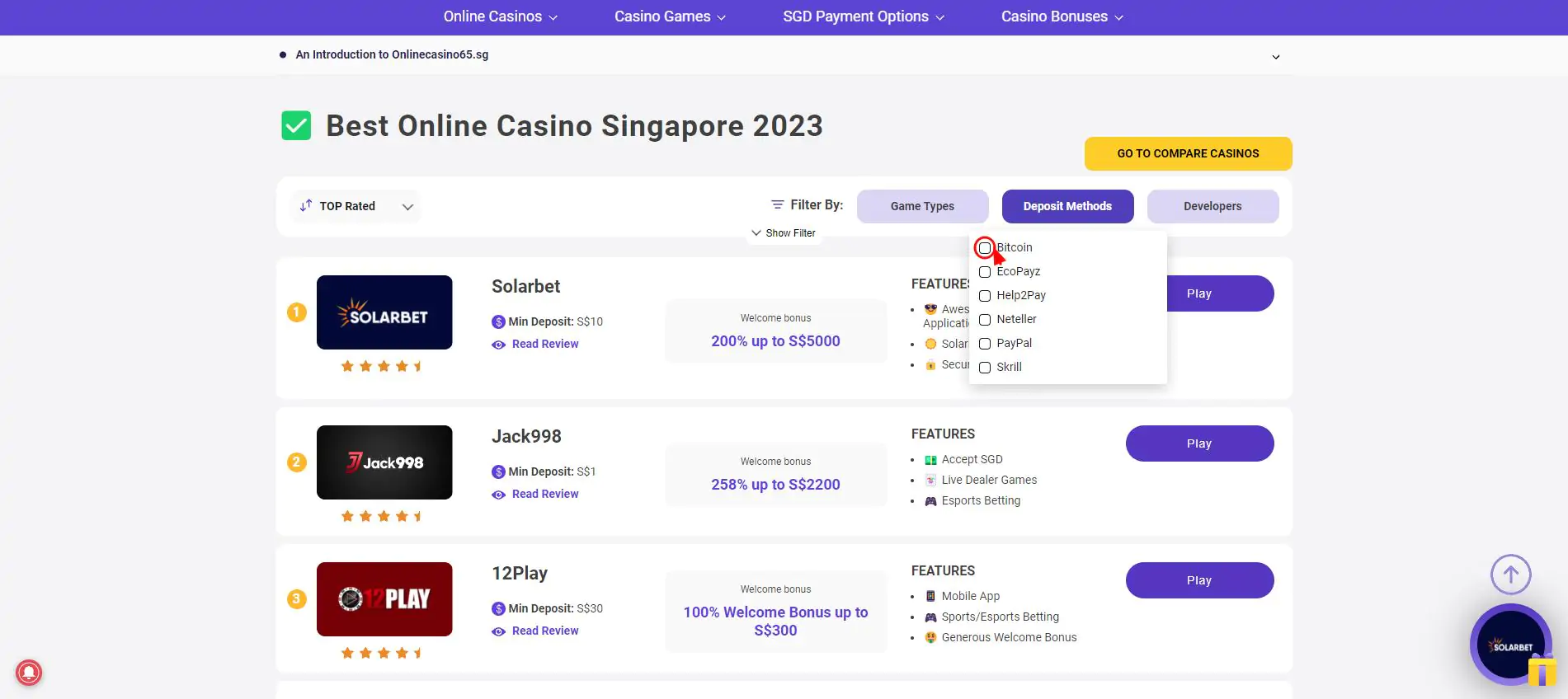Filter online casinos by specified parameters